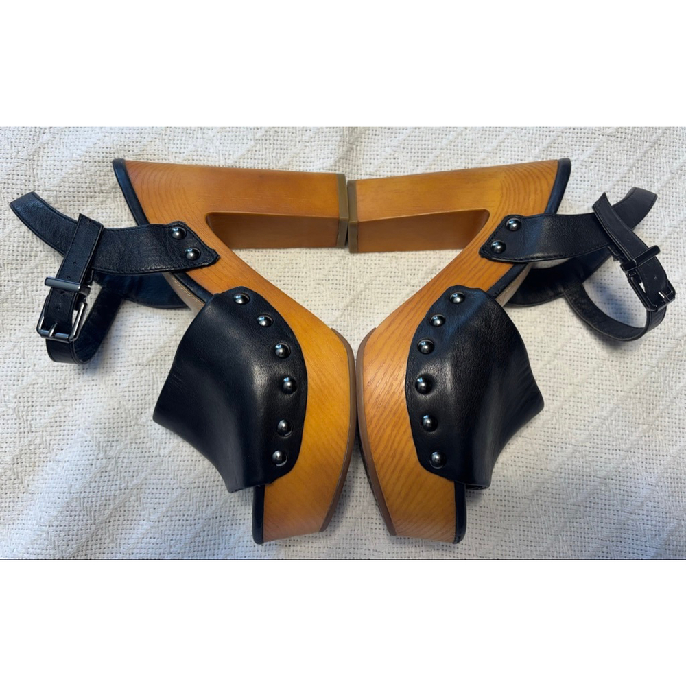 Black Leather Platform Sandals with Wooden Heel - Picture 7 of 9